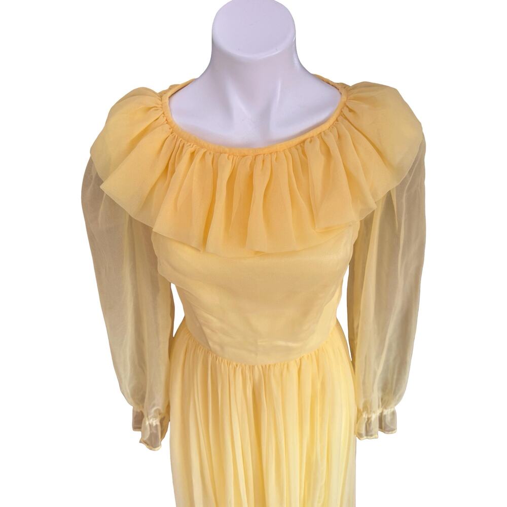 Vintage 1970 Butter Yellow Chiffon Ruffle Gown Full Sweep Overlay Bishop Sleeve - Picture 6 of 10